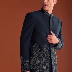 Navy Blue Jodhpuri Suit In Lachkaa Fabric With Hand Embroidery