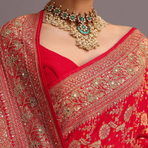Red Georgette Woven Saree With Bandhani Jaal Work
