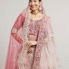 Exquisite Dusty Light Pink Velvet Crop Top Bridal Lehenga with Embroidery - Image 3