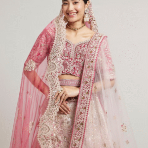 Exquisite Dusty Light Pink Velvet Crop Top Bridal Lehenga with Embroidery
