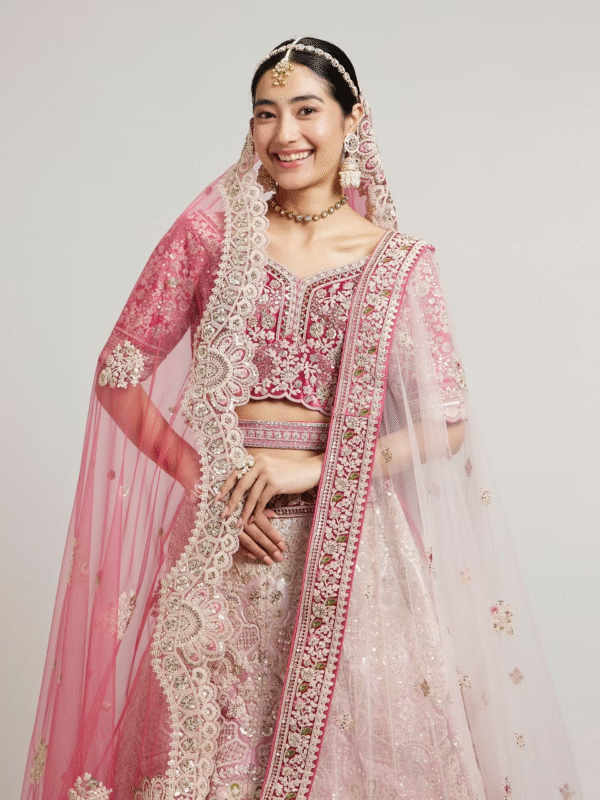 Exquisite Dusty Light Pink Velvet Crop Top Bridal Lehenga with Embroidery