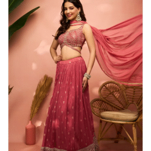 Elegant Dusty Light Pink Art Silk Crop Top Lehenga with Stone Work and Zari