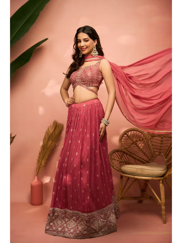 Elegant Dusty Light Pink Art Silk Crop Top Lehenga with Stone Work and Zari