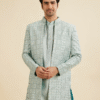 Soft Green Grid Patterned Indo Western Set with Floral Motifs - Image 4