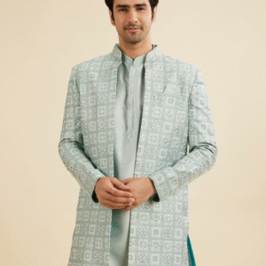 Soft Green Grid Patterned Indo Western Set with Floral Motifs