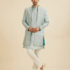 Soft Green Grid Patterned Indo Western Set with Floral Motifs - Image 3