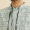 Soft Green Grid Patterned Indo Western Set with Floral Motifs - Image 2