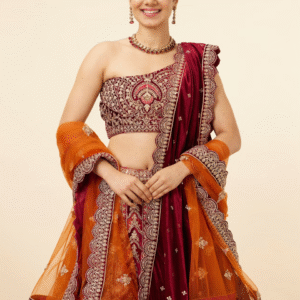 Orange Maroon Embroidered Bridal Lehenga