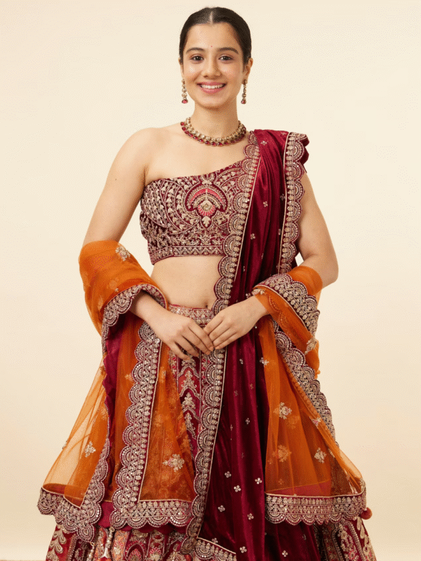 Orange Maroon Embroidered Bridal Lehenga