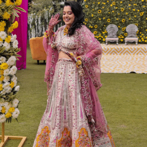 Dark Cream And Pink Paisley Patterned Bridal Lehenga
