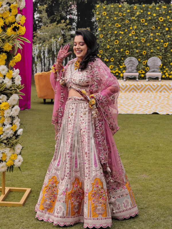 Dark Cream And Pink Paisley Patterned Bridal Lehenga