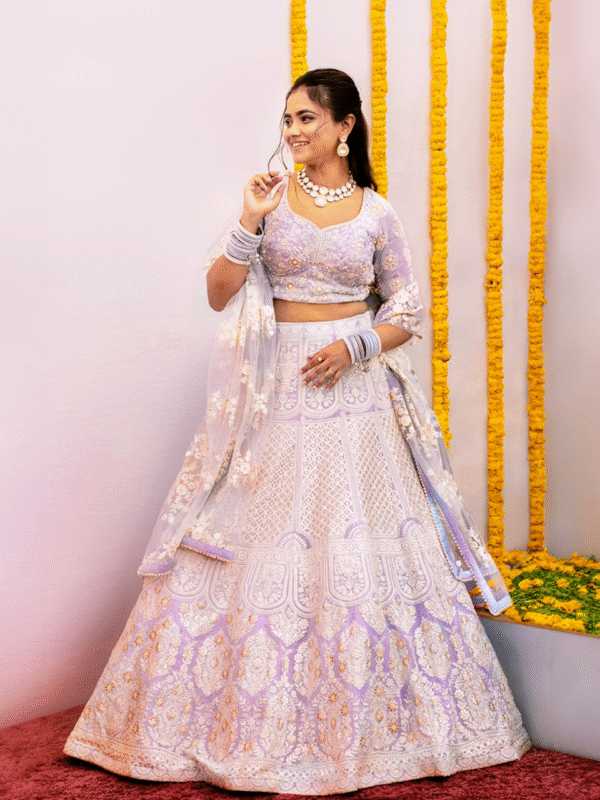 Light Blue Floral Jaal Patterned Bridal Lehenga
