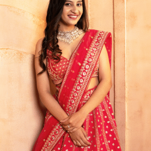 Classic Red Floral Aari Embroidered Bridal Lehenga with Buta Motifs
