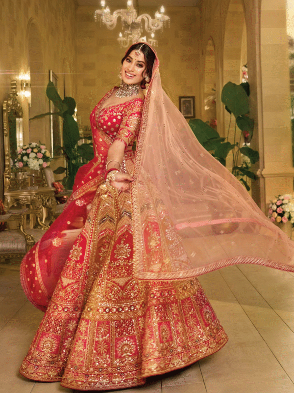 Radiant Red and Mustard Bridal Art Silk Bridal Lehenga